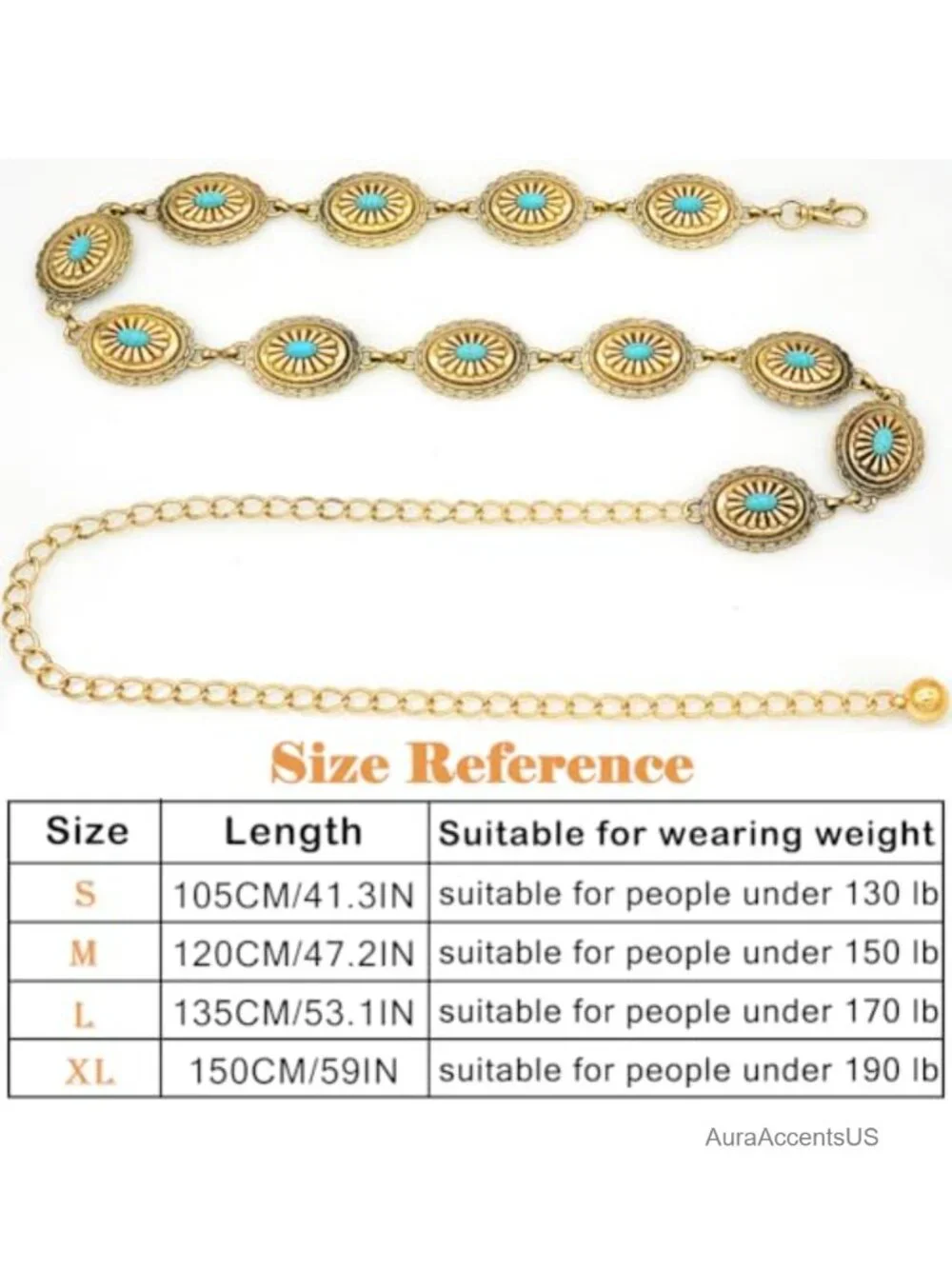 Metal Turquoise Concho Chain Belt Western Cowgirl Waist Chain